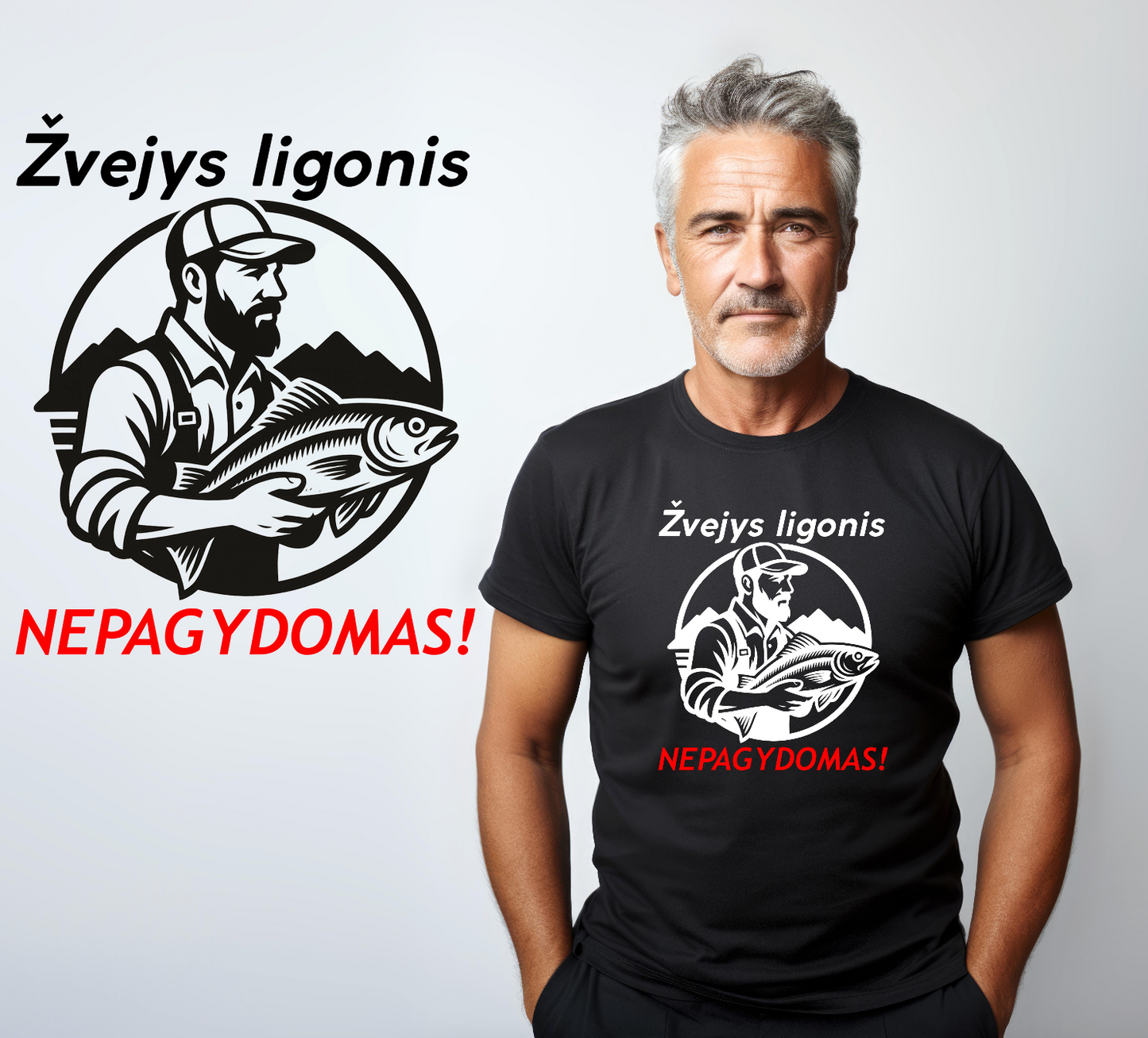 Juodi marškinėliai su užrašu Žvejys Ligonis – Nepagydomas! 🎣 Puiki dovana žvejui. Originalūs žvejų drabužiai internetu Rubistai.lt – marškinėliai, džemperiai, dovanos žvejams.